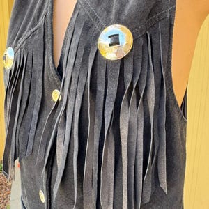 Vintage 70s Black Leather Suede Fringe Vest Silver Conchos by Cedars Medium