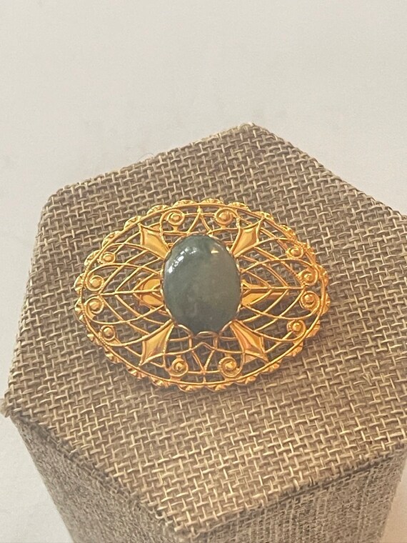 Gold Filigree Jade Green Cabochon Stone Vintage B… - image 2