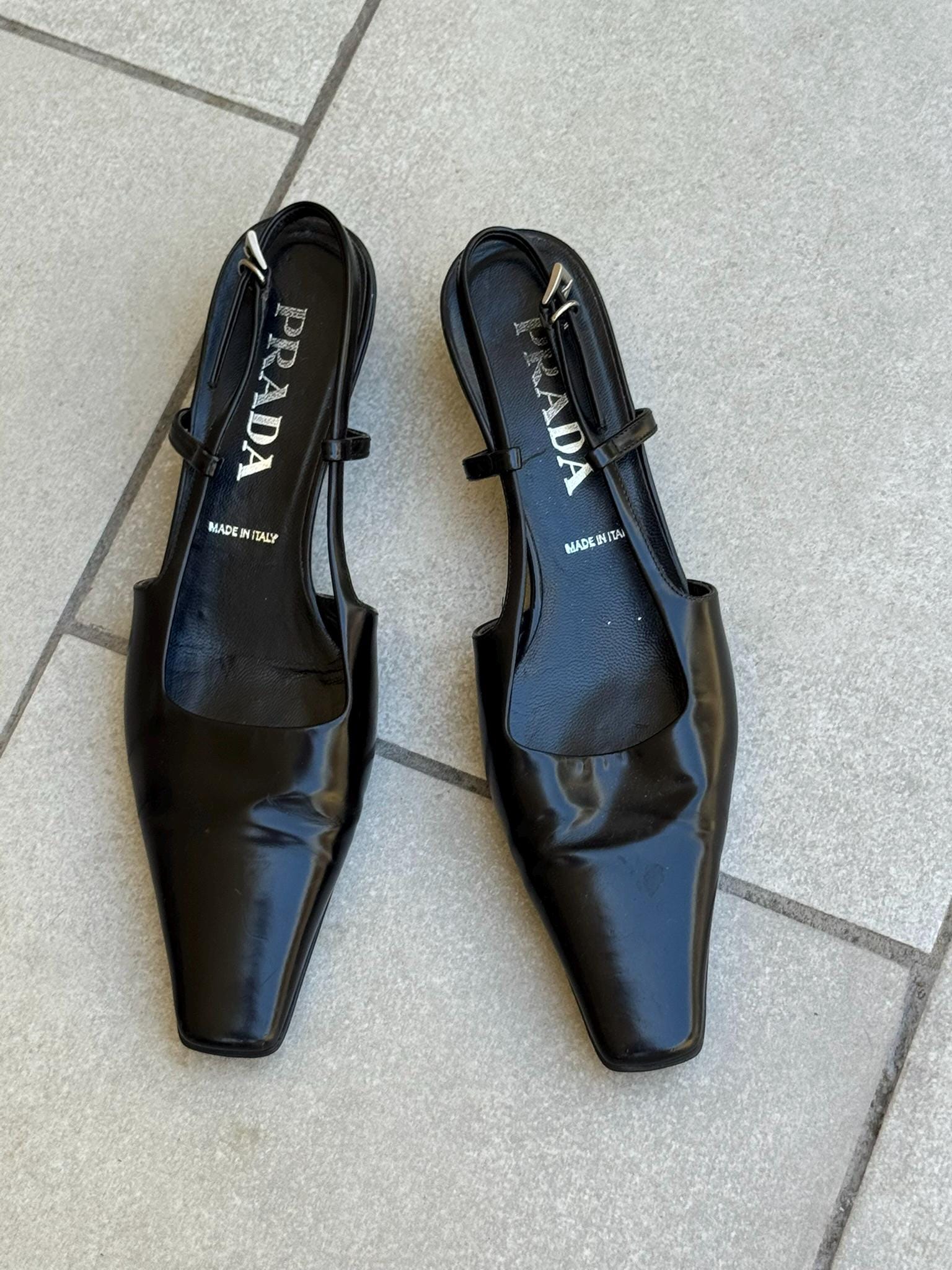 Prada Black Leather Square Toe Slingback Kitten Heel Pumps 38.5 US