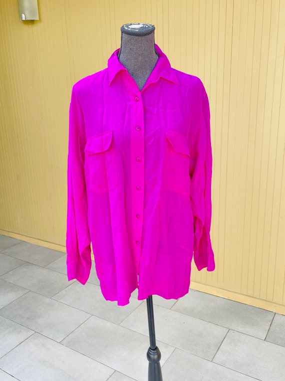 Silk Fuchsia Oversized Button Up Vintage Blouse - image 2