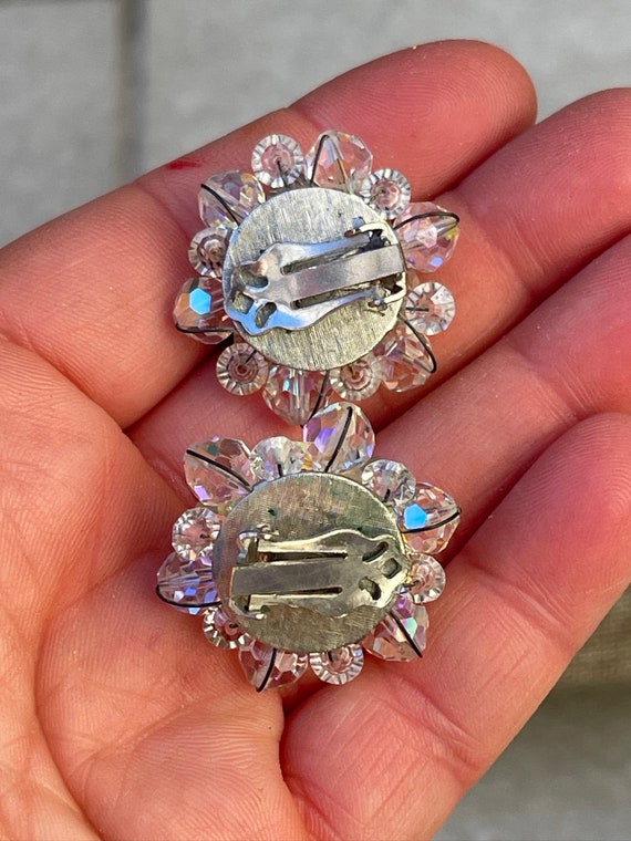 AB Crystal Flower Cluster Vintage Clip On Earrings - image 9