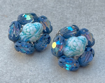 Hobe Blue Art Glass Beaded Cluster Earrings Vintage Clip Ons