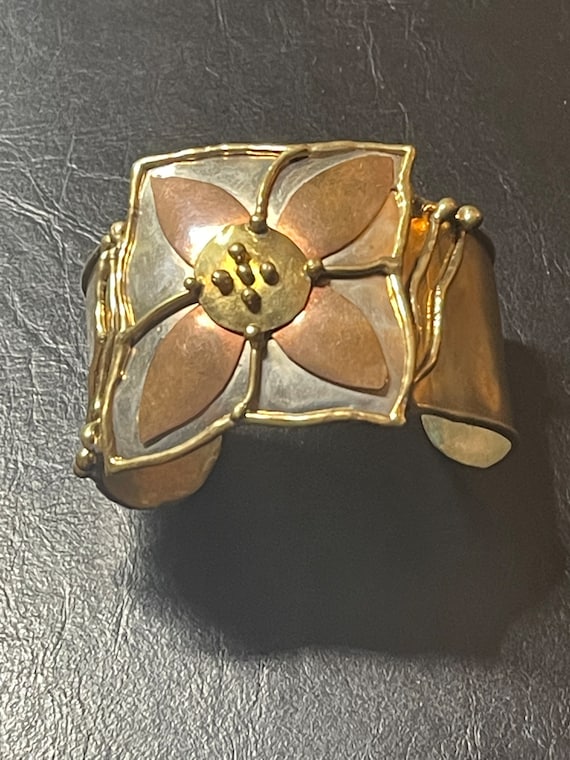 Mixed Metal Wide Vintage Flower Cuff Bracelet