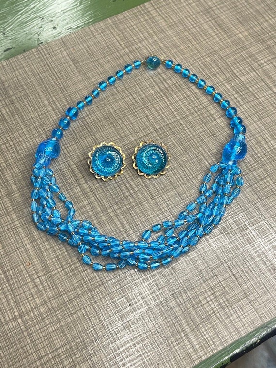 Blue JAPAN Art Glass Beaded Necklace + Earrings Ma