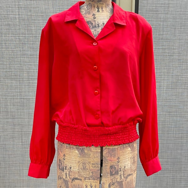 80s vintage blouse red long sleeve button up shirt smocked bottom Size Large by Lauren Lee