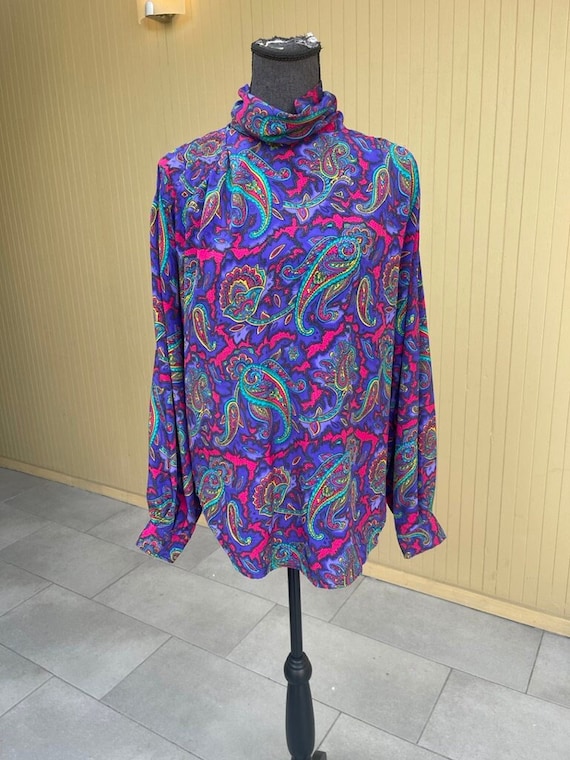 70s Paisley Tunic Vintage High Neck Long Sleeve Bl