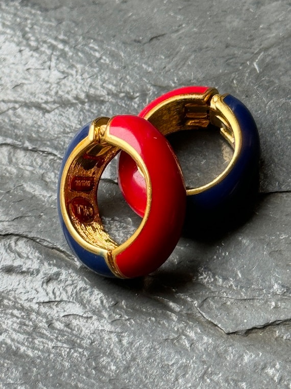 KJL Huggie Hoop Earrings Red/Blue Enamel 80s Kenne