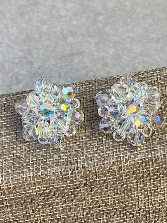 AB Crystal Flower Cluster Vintage Clip On Earrings - image 3