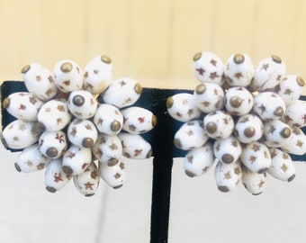 Castlecliff Signed White Speckled Gold Glass Vintage Cluster Earrings