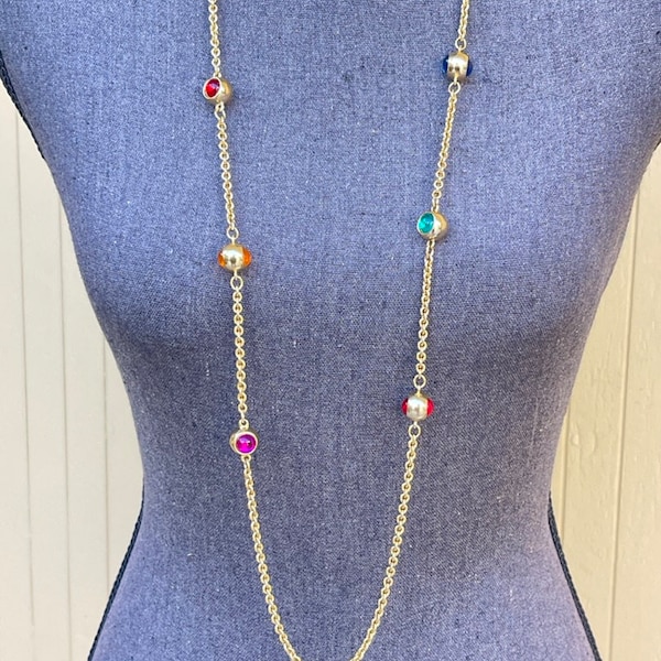 Gold Long Chain Multi Colored Sphere Bead Vintage Necklace