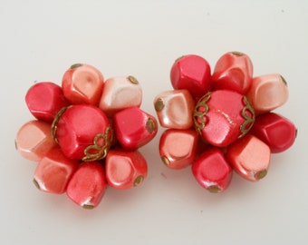 Flower Cluster Pink Beaded Clip On Vintage Earrings