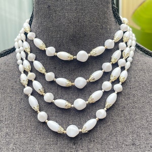 Vintage Multi Strand White Glass Beaded Choker Necklace Japan