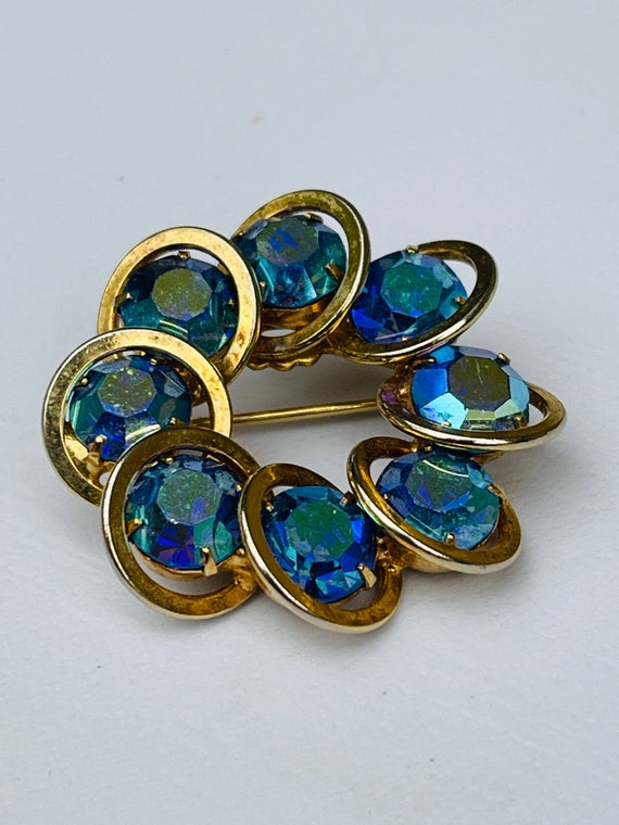 AB Blue Rhinestone Circle Brooch Vintage Crystal P