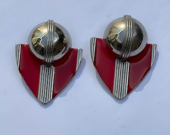 Red enameled silver vintage clip on earrings