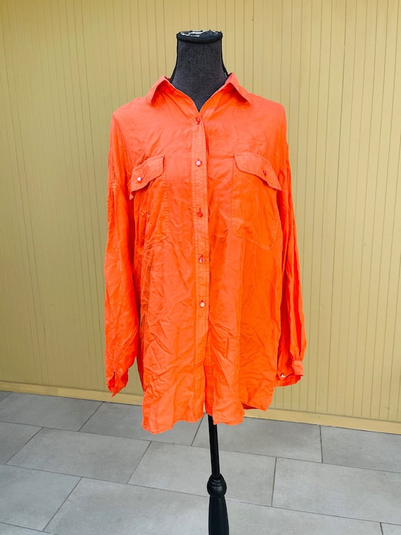 Silk Orange Oversized Button Up Vintage Blouse