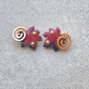 Matisse Red Enamel Copper Maple Leaf Vintage Earrings Clip Ons