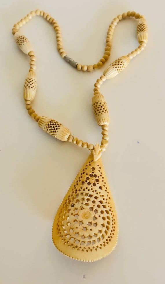 Carved Mandala Teardrop Pendant Vintage Wood Bead… - image 1