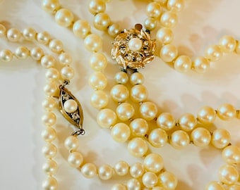 2 Faux Pearl Beaded Necklaces 925 Silver Clasp Multi Strand Vintage Pearls