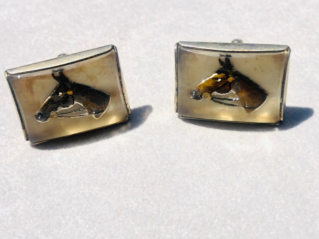 BOUTONS DE MANCHETTE Cheval équestre – Or 14 Carats – Revers Peint Ancien – Vintage