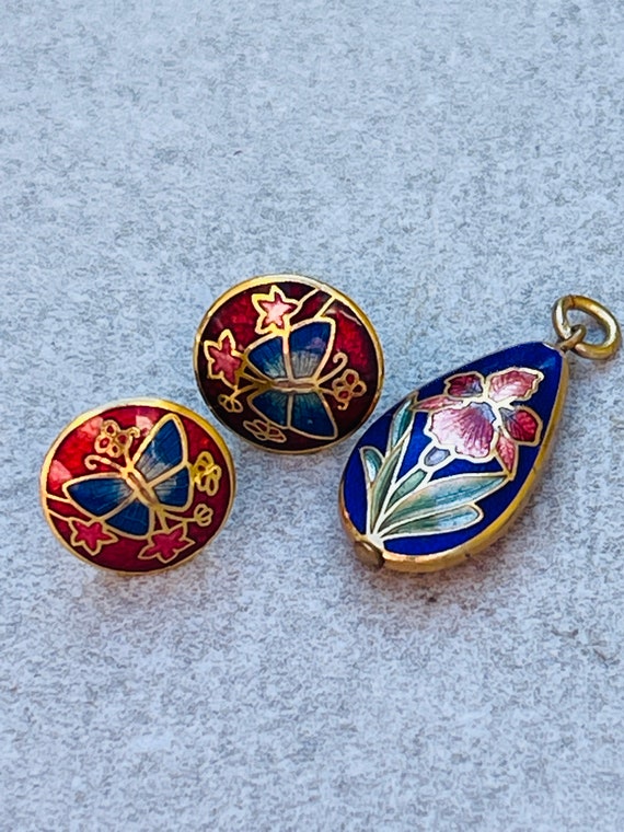 Cloisonné Earrings and Pendant Butterfly/Flowers