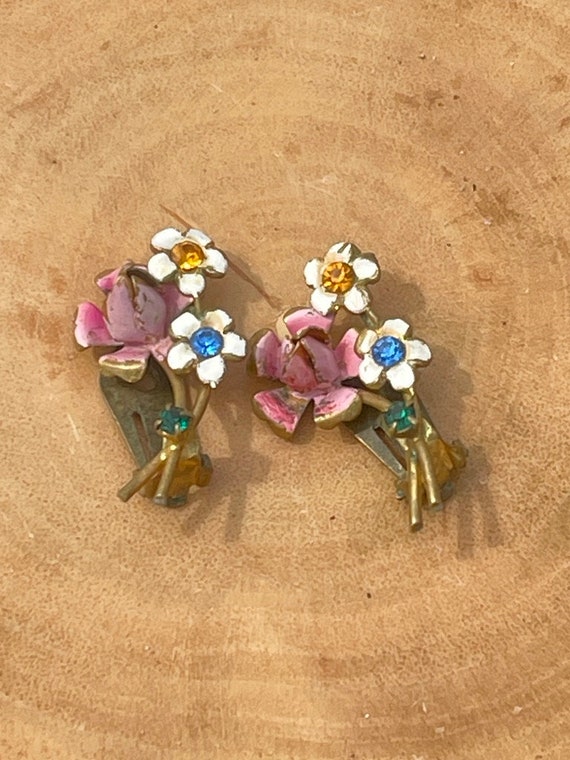 Enamel Flower Earrings Multi Color Rhinestone Clip