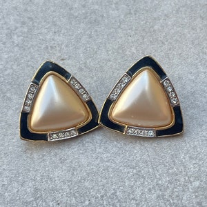 Kenneth Jay Lane Triangle Pearl Earrings Black Enamel Rhinestone Clip Ons KJL