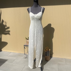 70s Vanity Fair Champagne Silky Nightgown Long Slip Dress Front Slit 32 Small