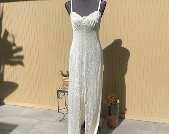 70s Vanity Fair Champagne Silky Nightgown Long Slip Dress Front Slit 32 Small