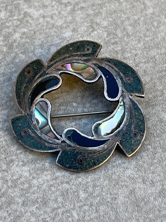 Sterling Taxco Mid Century Abalone Brooch Vintage… - image 2