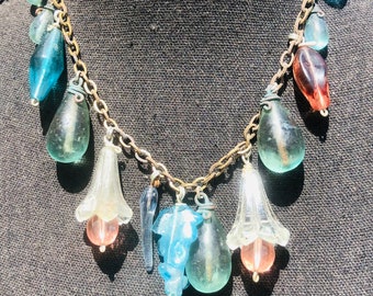 Antique French Glass Flower Beaded Necklace 1920s