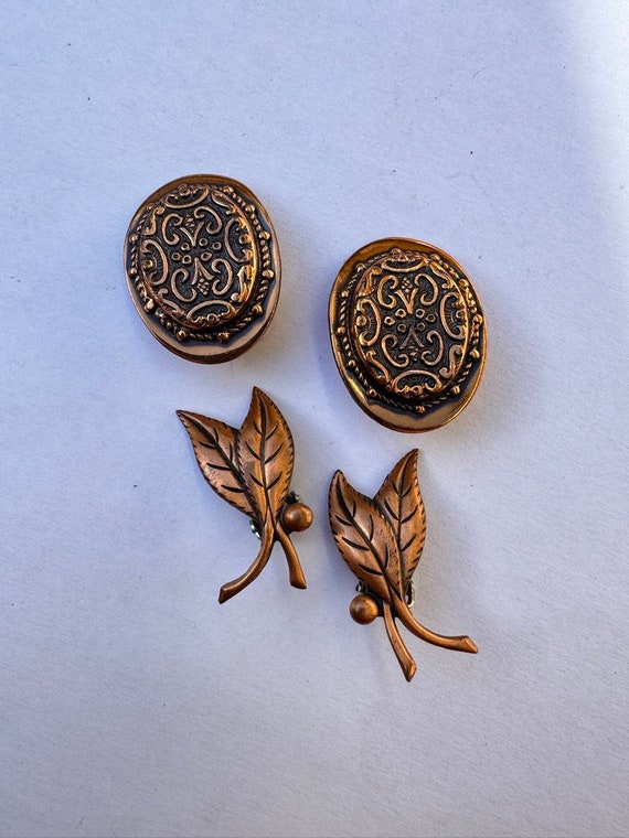 Copper Earrings Ornate Vintage Clip Ons Lot of 2