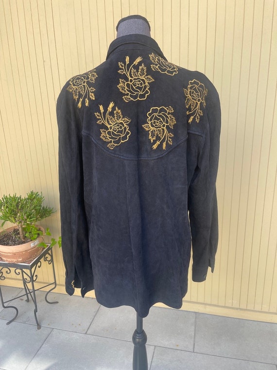 Suede Western Shirt Gold Embroidered Roses Medium - image 3