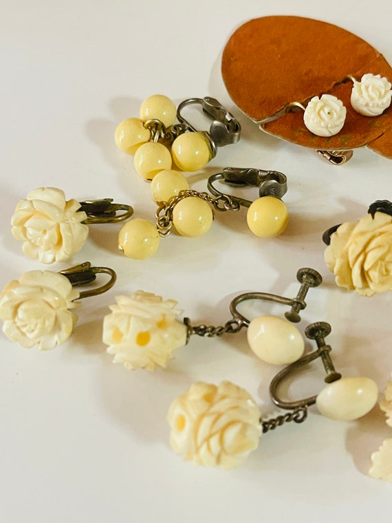 Vintage Carved Cream Flower Earring Lot of 8 Pair - image 4