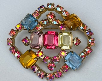 Multi Colored Pastel Rhinestone Brooch Vintage Crystal Pin