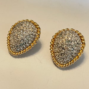 Marvella Teardrop Rhinestone Earrings Gold Rope Vintage Clip Ons