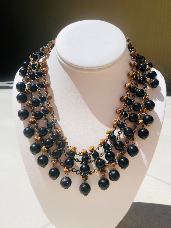 Black glass beaded festoon necklace vintage brass 