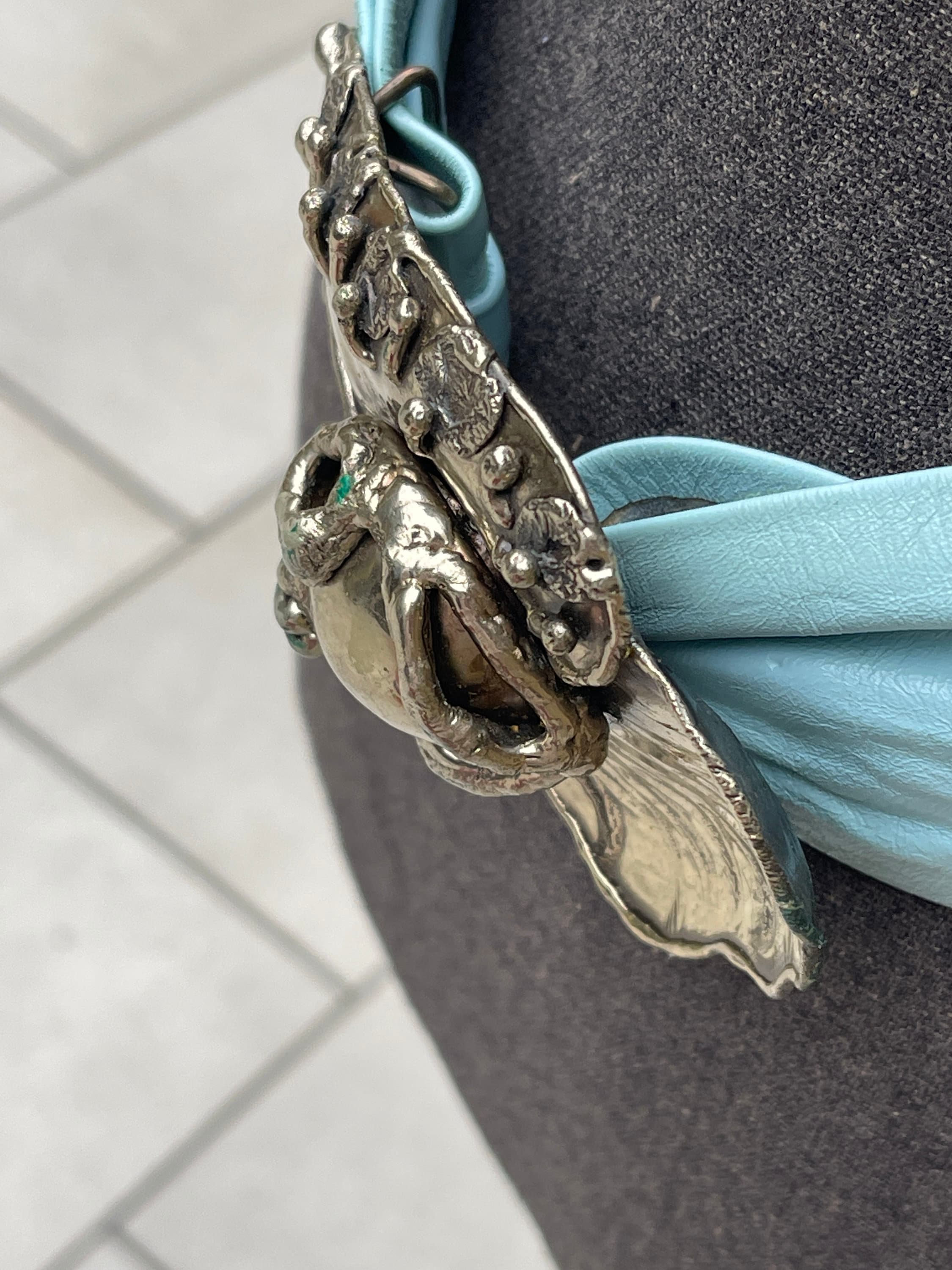 Brutalist Silver Huge Vintage Buckle Powder Blue Wide Leather Cinch Belt BLUE OCEAN buckle | Luxury Western Belt | SILVER OSTRICH main image 4