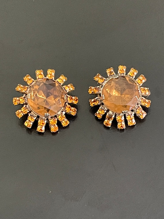 Vintage Large Orange Sunburst Rhinestone Earrings - image 2