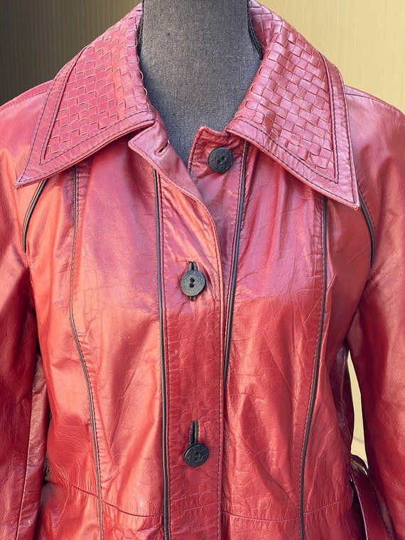 70s Oxblood Leather Long Belted Vintage Jacket Wo… - image 8