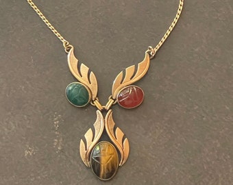 Van Dell 12K Scarab Carved Gemstone Vintage Necklace