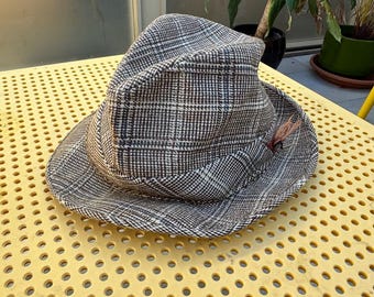 chapeau vintage en laine Trilby Fedora tartan avec plume 7 1/4
