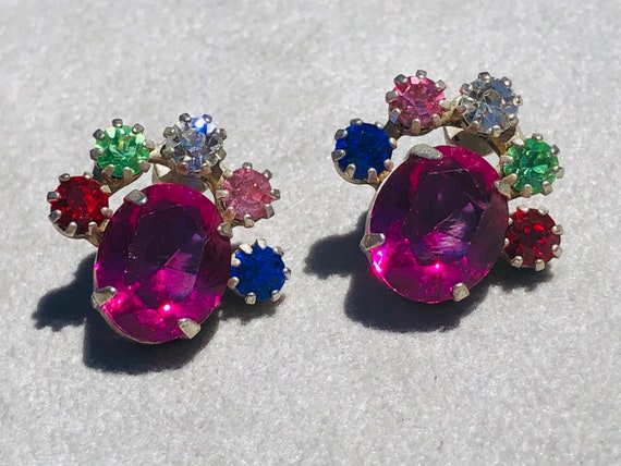 Jewel tone rhinestone vintage earrings - image 1