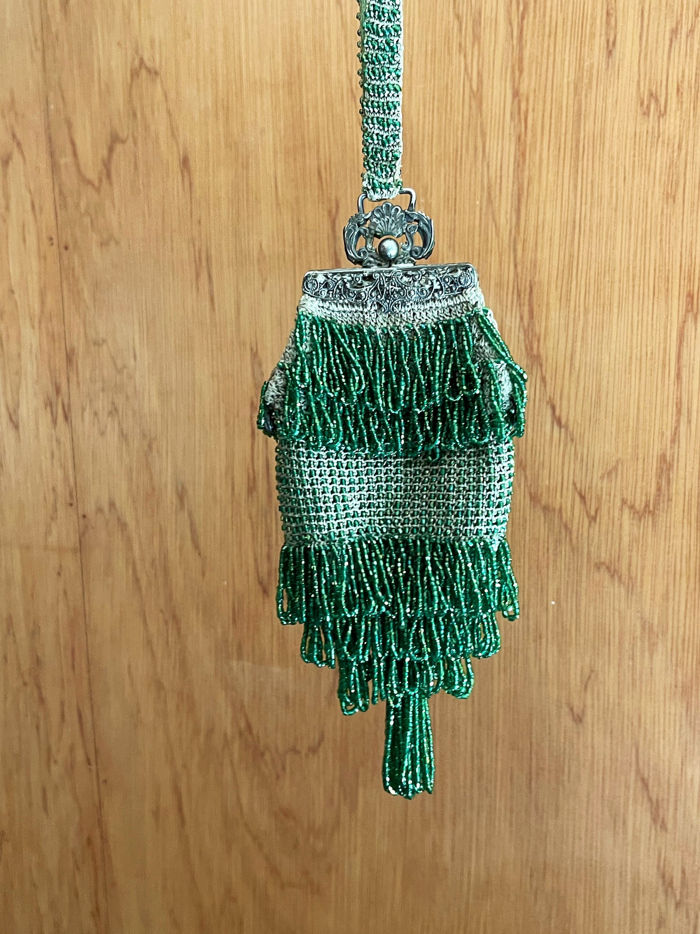Green glass-beaded, swag-style flapper purse, gold filigree frame