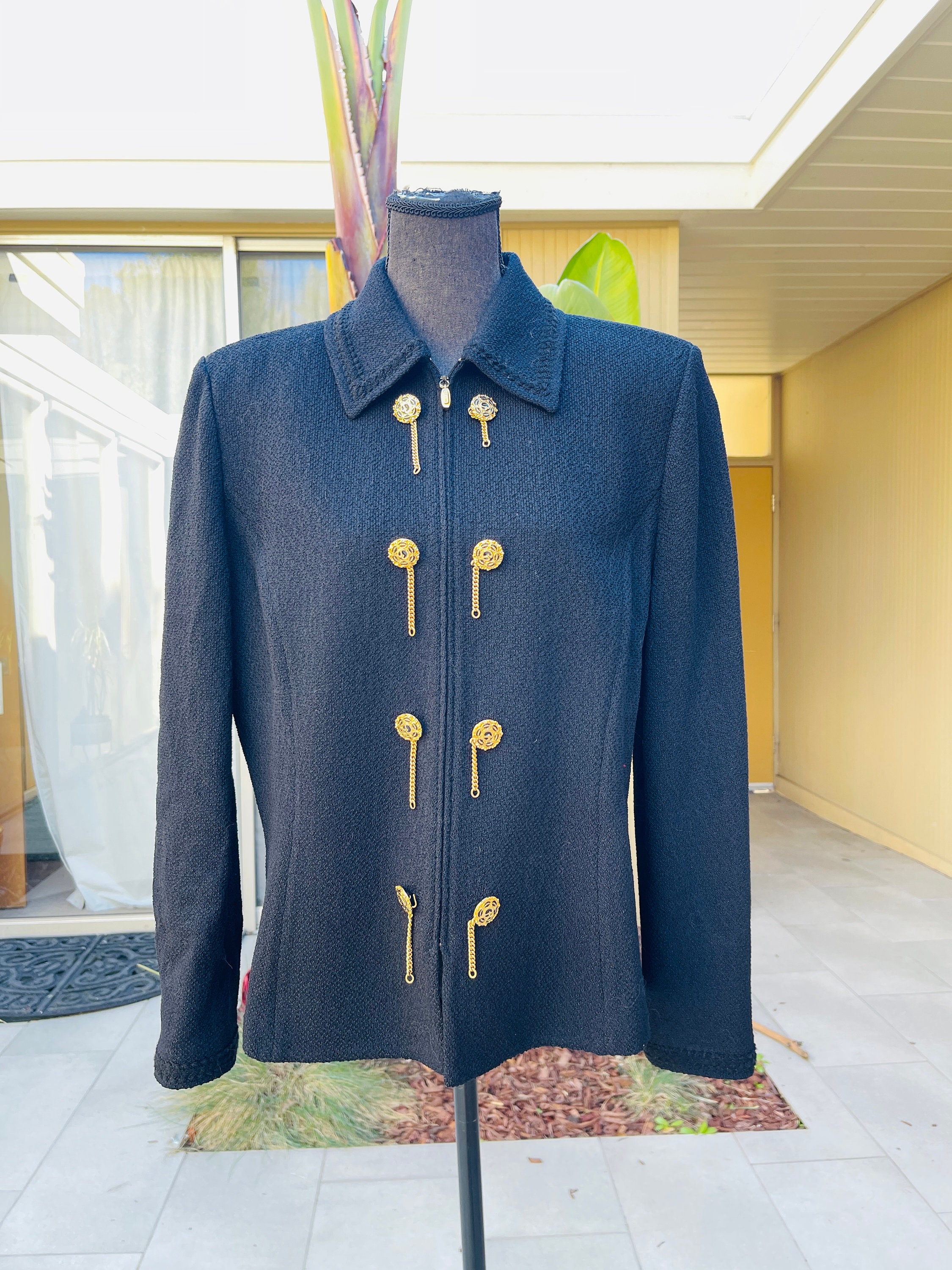 St John Blazer Gold Chain Buttons Vintage Black Knit Jacket St John Blazer Gold Chain Buttons Vintage Black Knit Jacket