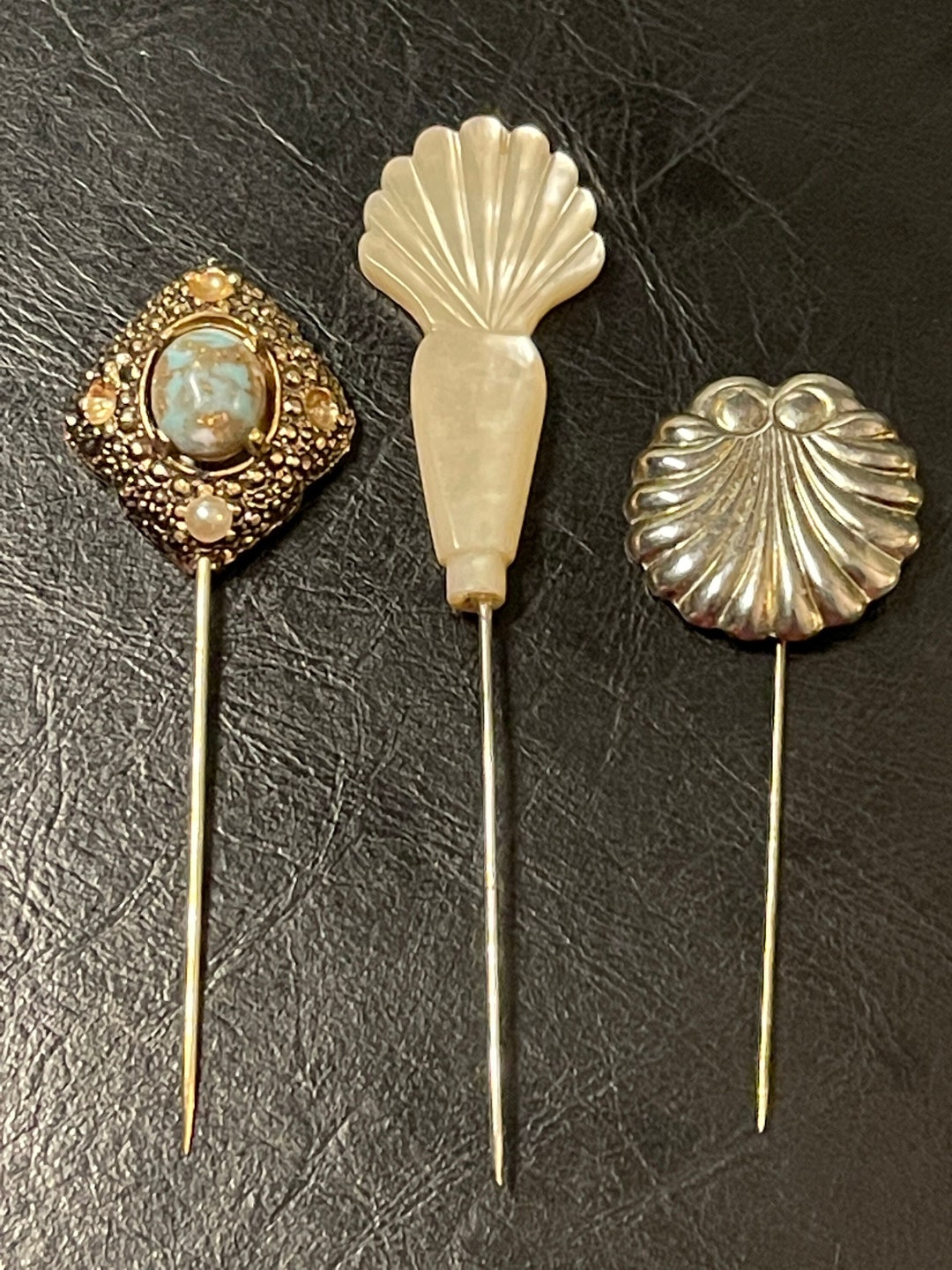 Vintage Hat Stick Pins Victorian Mother of Pearl Silver Shell Turquoise Stone Cab Sarah Cov Etsy