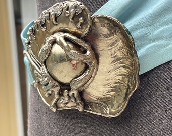 Brutalist Silver Huge Vintage Buckle Powder Blue Wide Leather Cinch Belt Brutalist Silver Huge Vintage Buckle Powder Blue Wide  main image 4