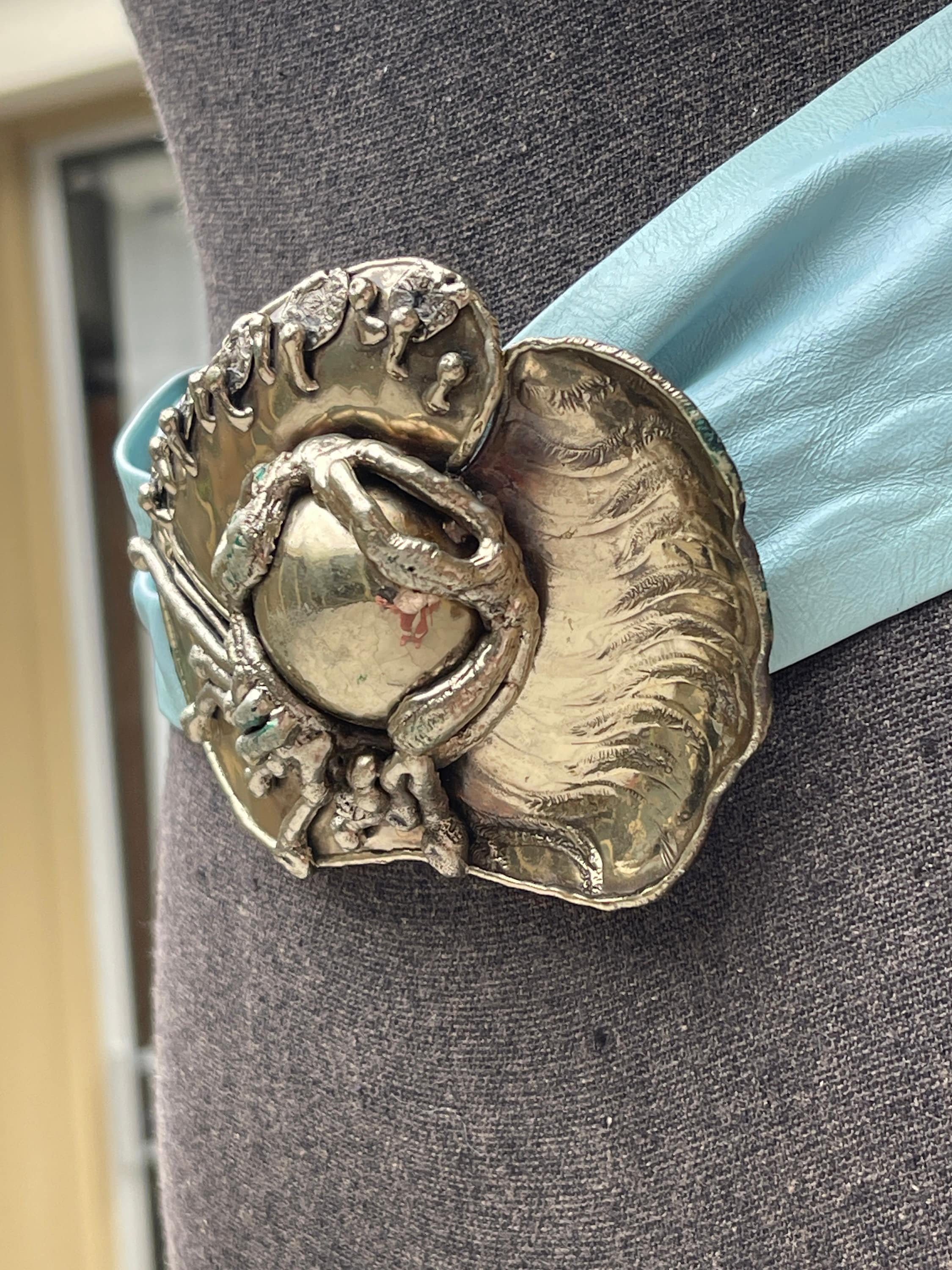 Brutalist Silver Huge Vintage Buckle Powder Blue Wide Leather Cinch Belt BLUE OCEAN buckle | Luxury Western Belt | SILVER OSTRICH main image 3