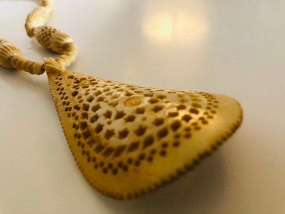 Carved Mandala Teardrop Pendant Vintage Wood Bead… - image 6