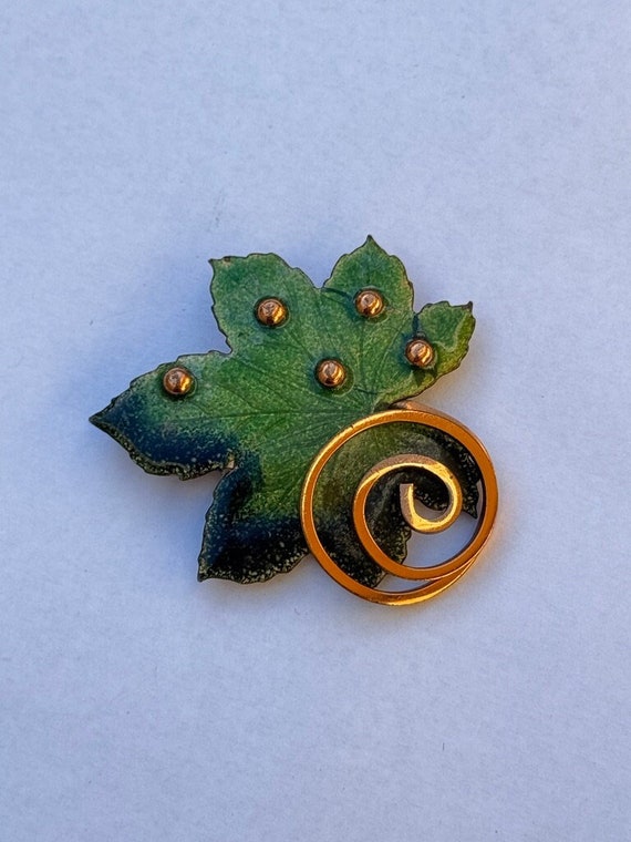 Matisse Copper Green Enamel Leaf Brooch Signed Vin