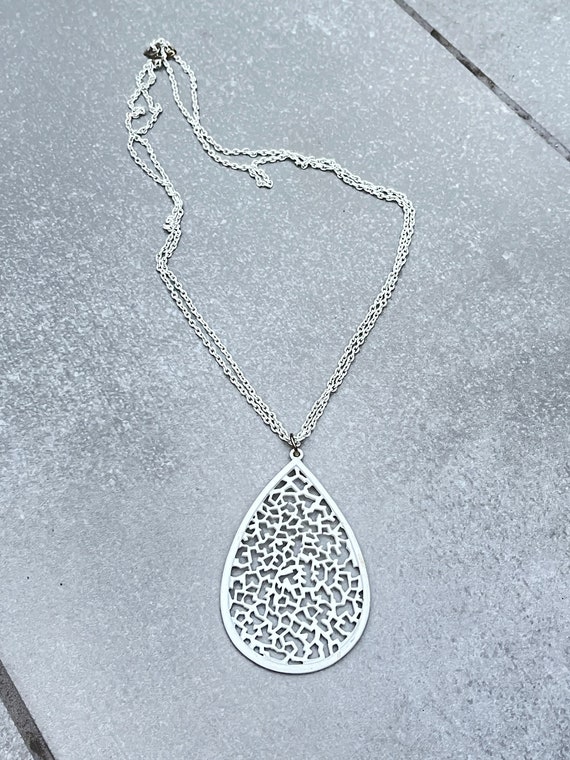 White Enamel Large Filigree Teardrop Vintage Penda